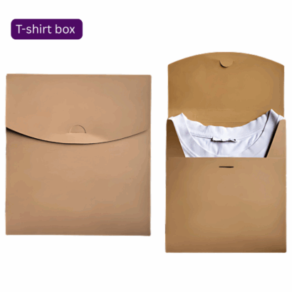 Sustainable kraft paper t-shirt box – self-locking, wax-coated interior, holds up to 1kg, ideal for packaging apparel and stationery.