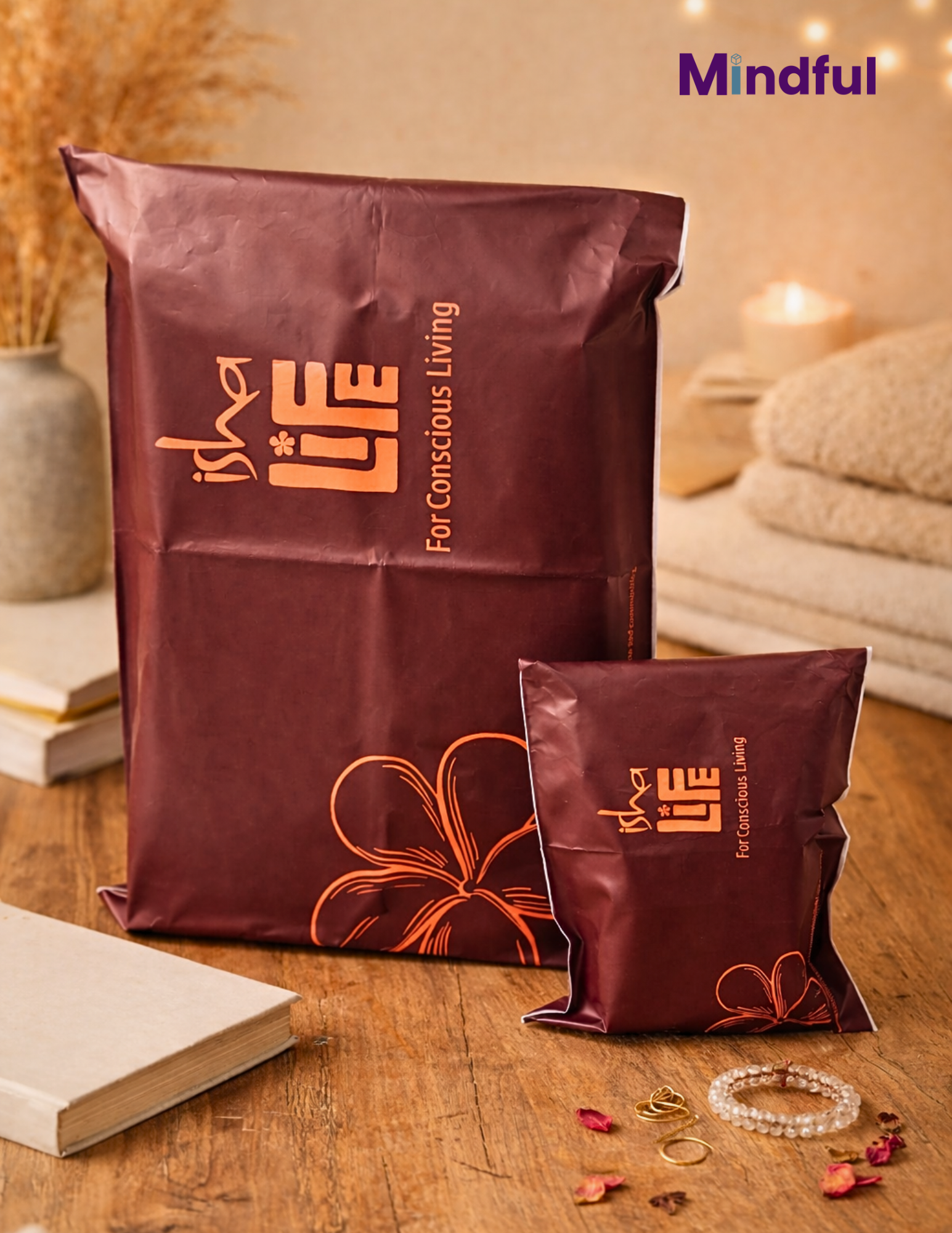 sha Life eco packaging in a lifestyle environment showing stylish reusable packaging with natural props