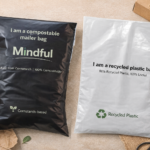 Compostable vs recyclable sustainable packaging comparison with paper mailer and box in a lifestyle setting for eco-friendly brands