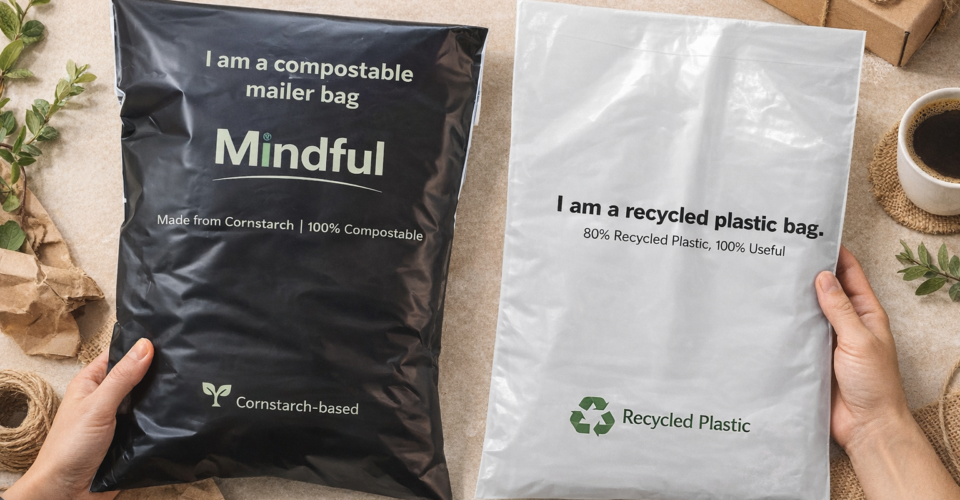 Compostable vs recyclable sustainable packaging comparison with paper mailer and box in a lifestyle setting for eco-friendly brands