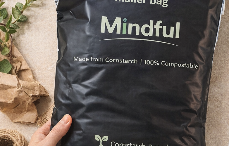 Compostable vs recyclable sustainable packaging comparison with paper mailer and box in a lifestyle setting for eco-friendly brands